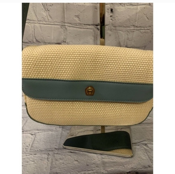 Vintage Etienne Aigner 3 pc Set Woven Straw Blue & Cream - Picture 8 of 16